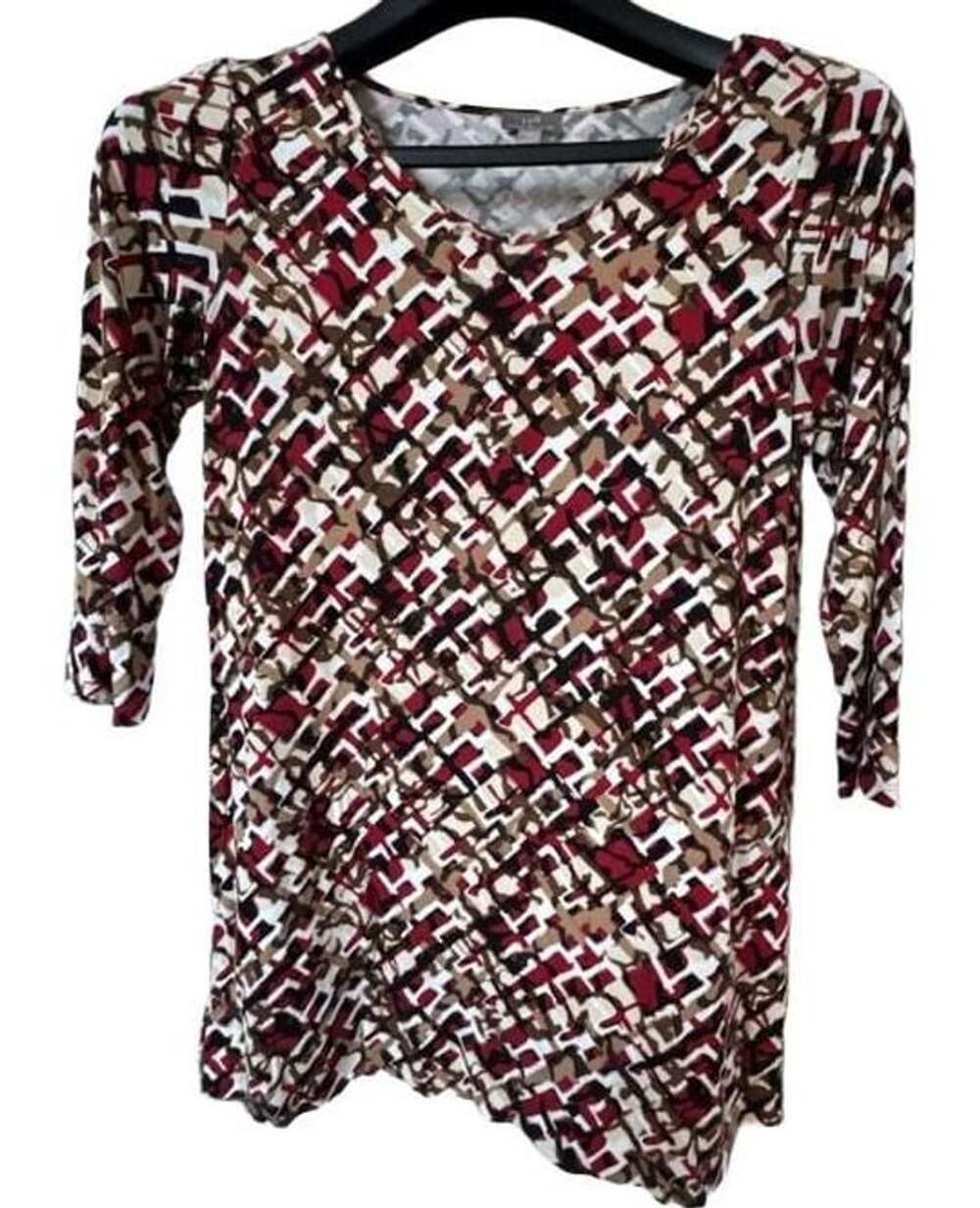 J. Jill Wearever Collection Women's Tunic Top Red Beige Geo Print 3/4 Sleeve